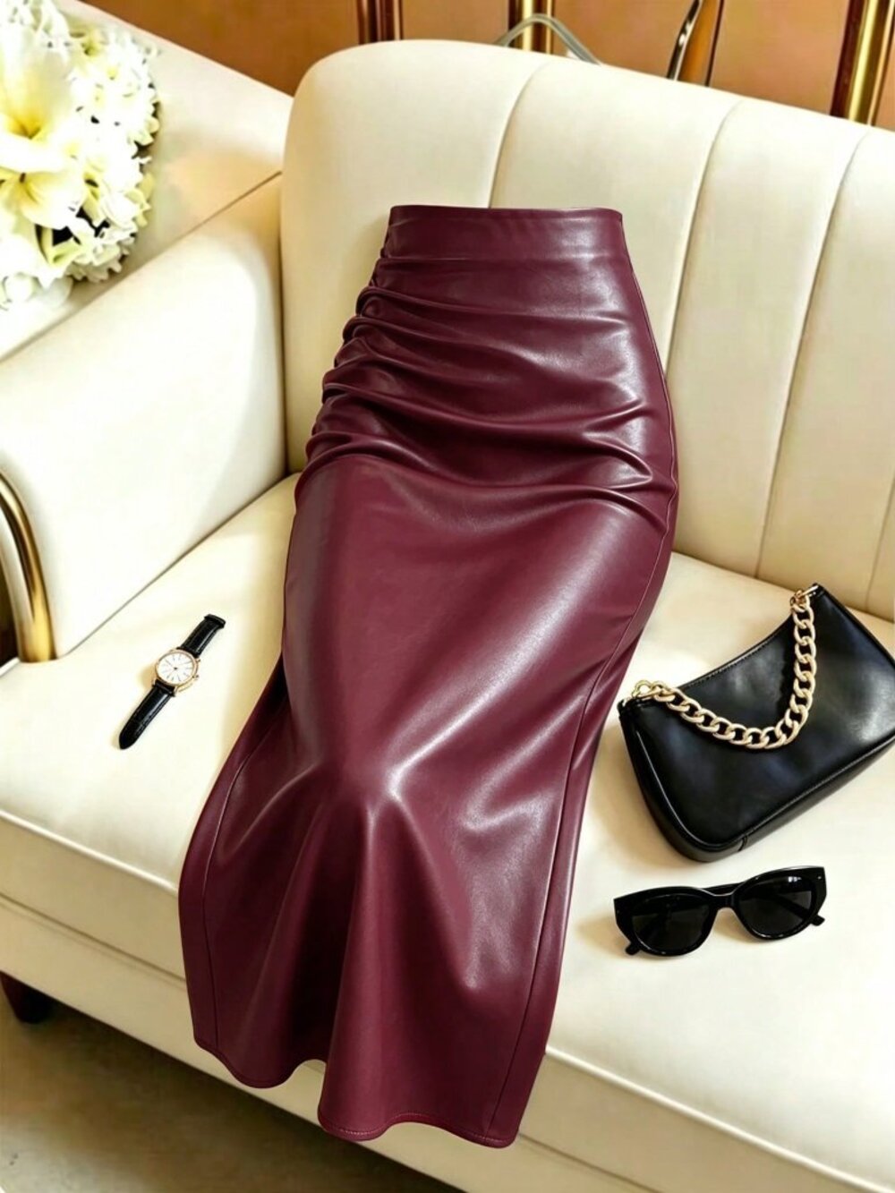 Burgundy Party Women's Pleated Back Zipper Slit Skirt